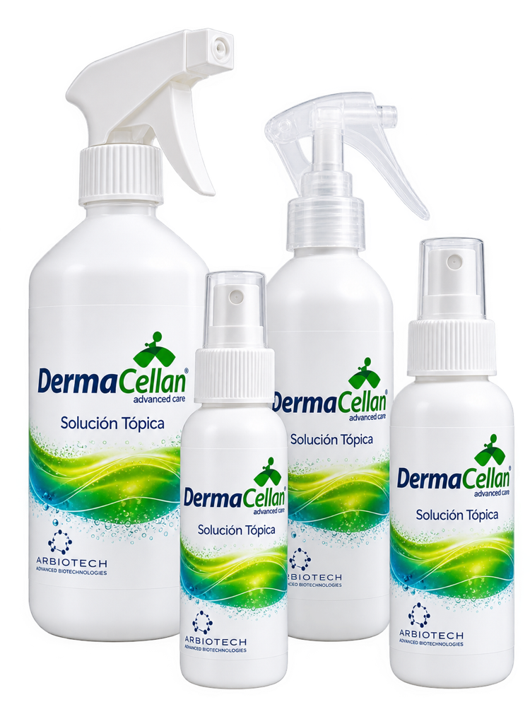 Envases de DermaCellan® Solución Tópica de 500, 250, 120 y 60 ml