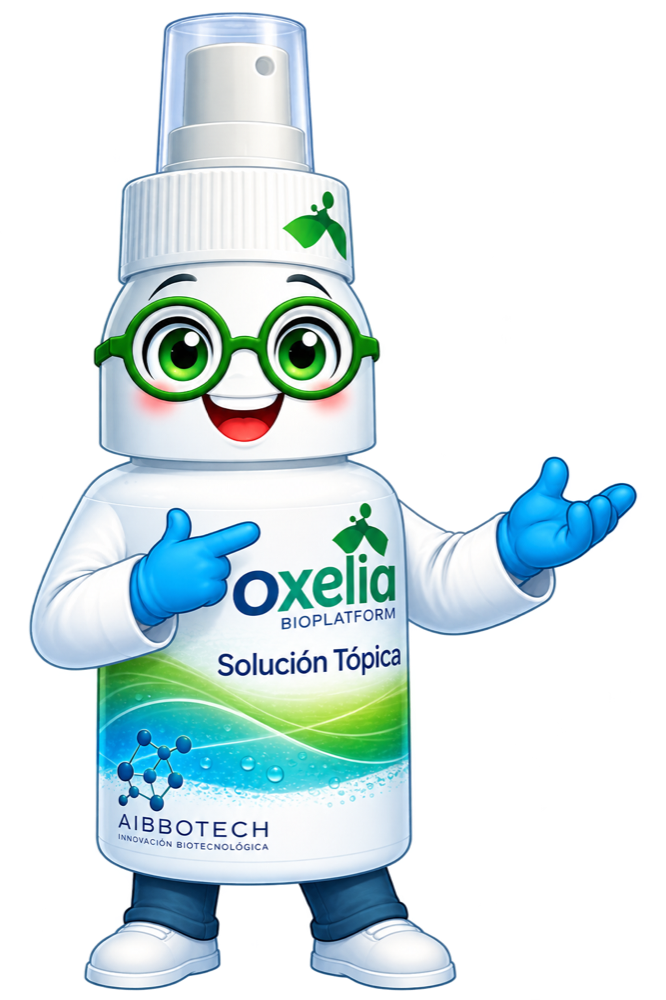 Mascota de OXELIA Bioplatform, frasco de solución tópica con bata y gafas